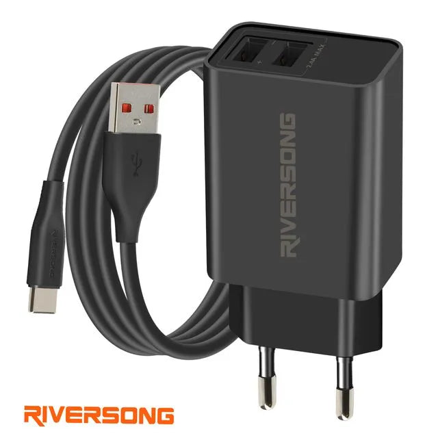 Riversong SafeKub D2 Noir - Chargeur Secteur 2x USB + Câble USB vers USB C